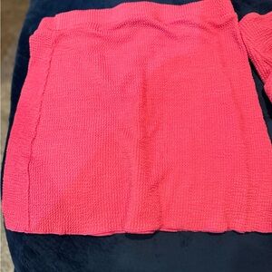 Three-piece, hot pink high waisted swimsuit set.